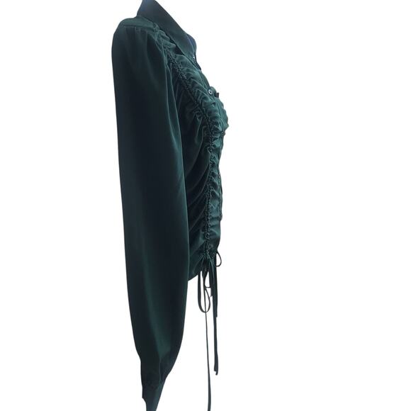 Women’s Green Ruched Button-Up Blouse XL Boho Long Sleeve Crop By Milk & Honey - Picture 2 of 9